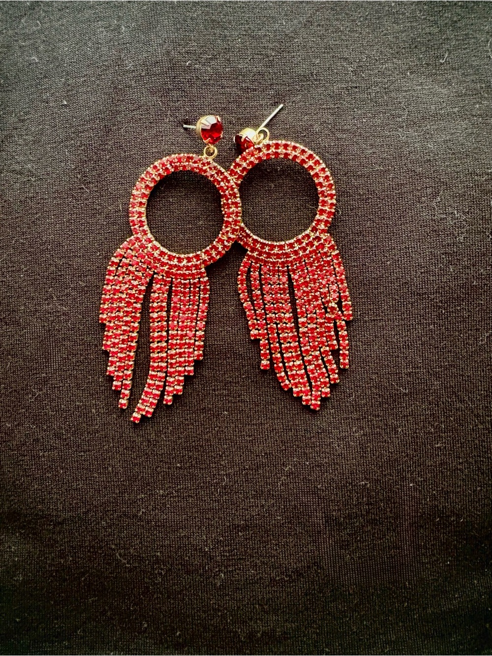 * Red Gemstone Gold Fringe Hoop Statement Earrings - Glam Night Out